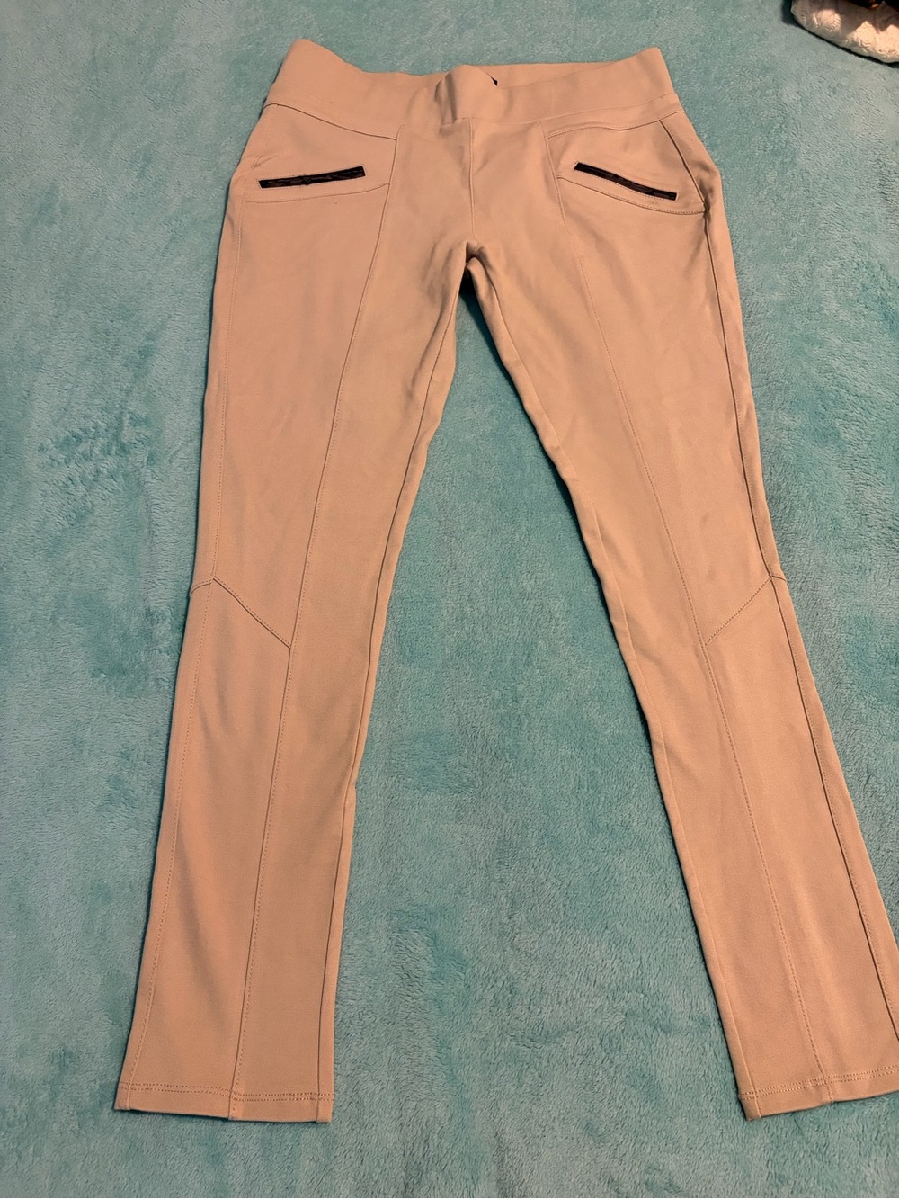 Ci Sono Light Beige Straight-Leg Ponte Pants with Black Zip Accents
